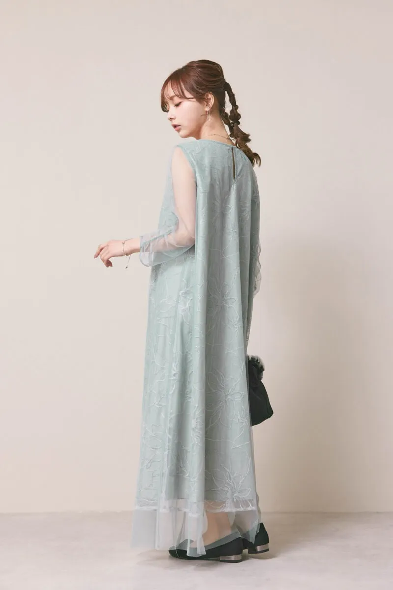 ミントグレーのシアーペタルレイヤードドレス