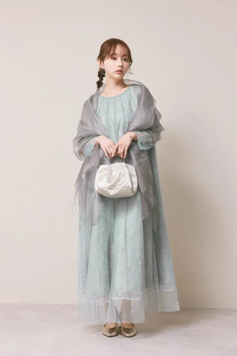 ミントグレーのシアーペタルレイヤードドレス