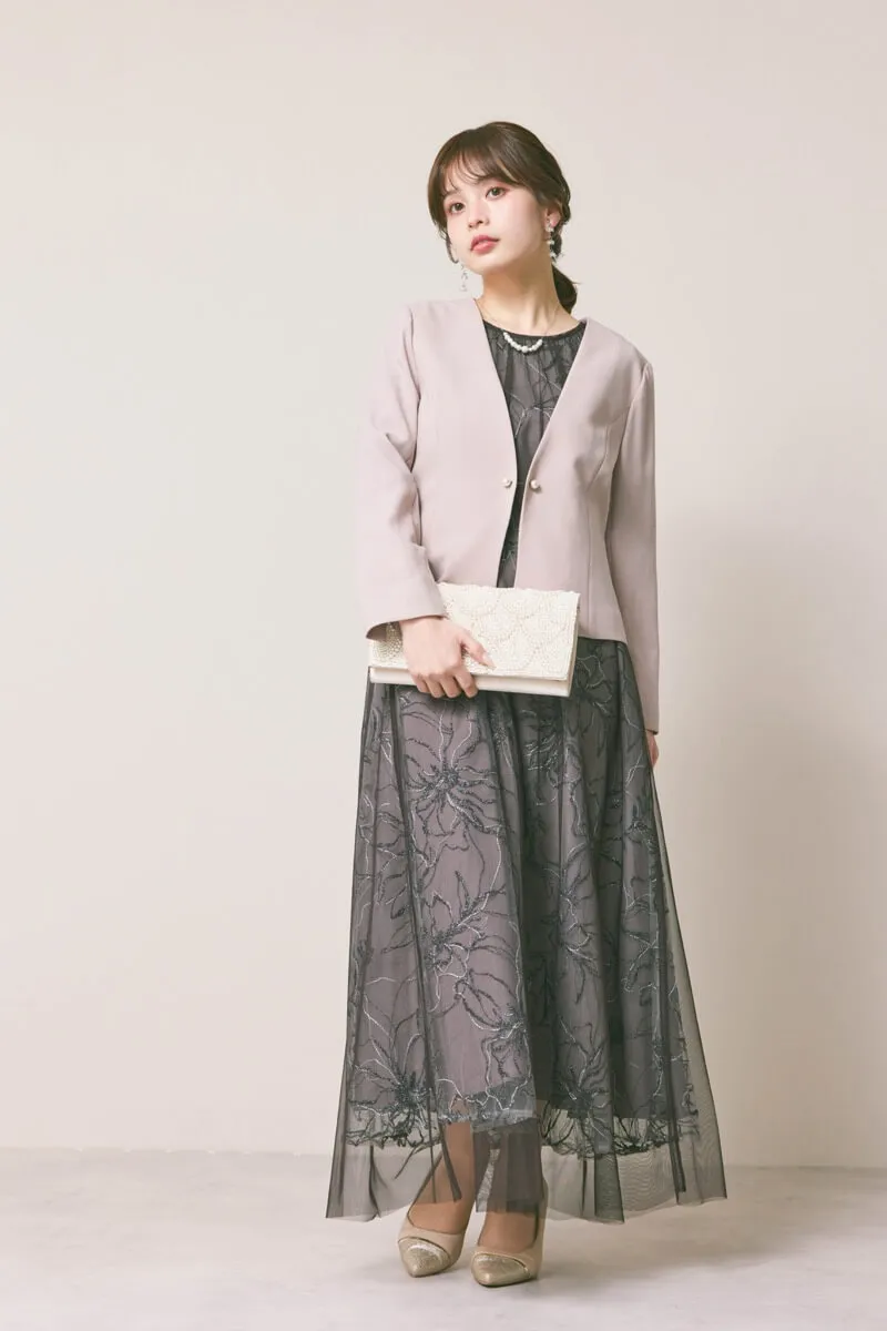 チャコールのシアーペタルレイヤードドレス