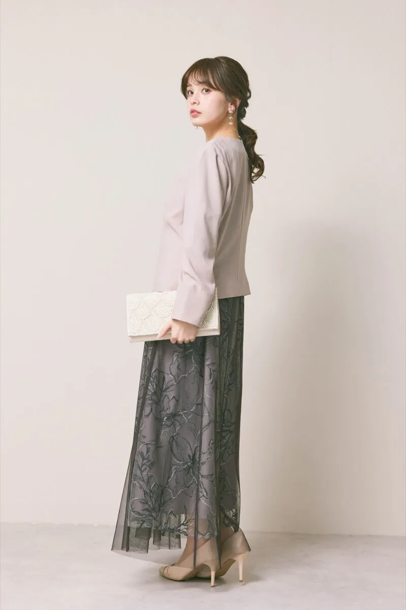 チャコールのシアーペタルレイヤードドレス