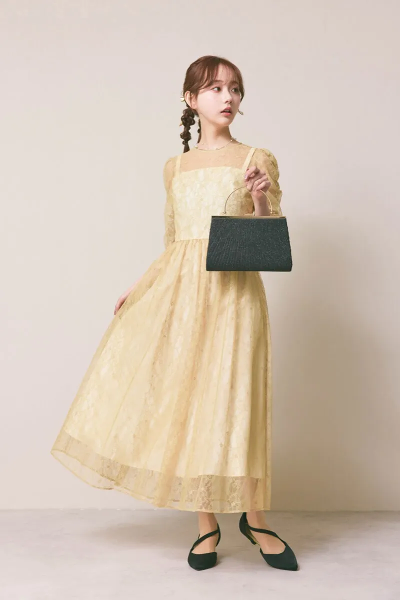 イエローのギャザースリーブレースアップドレス