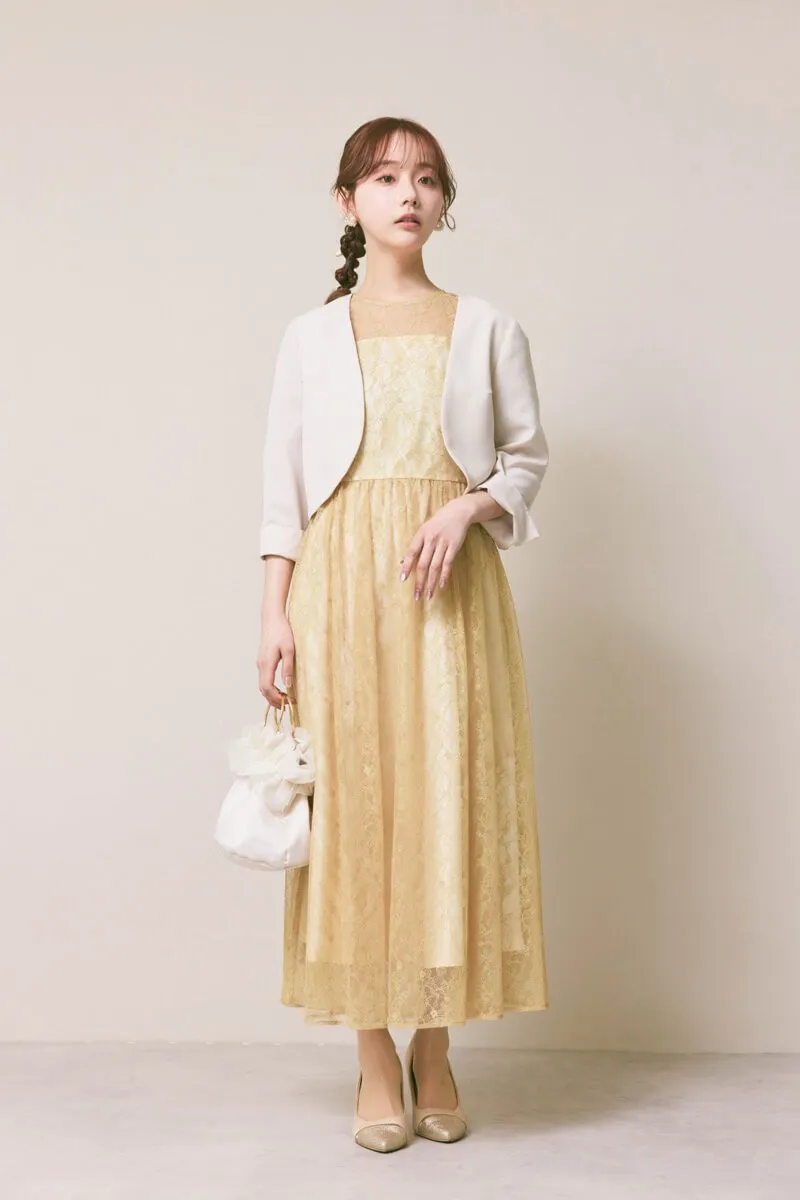 イエローのギャザースリーブレースアップドレス