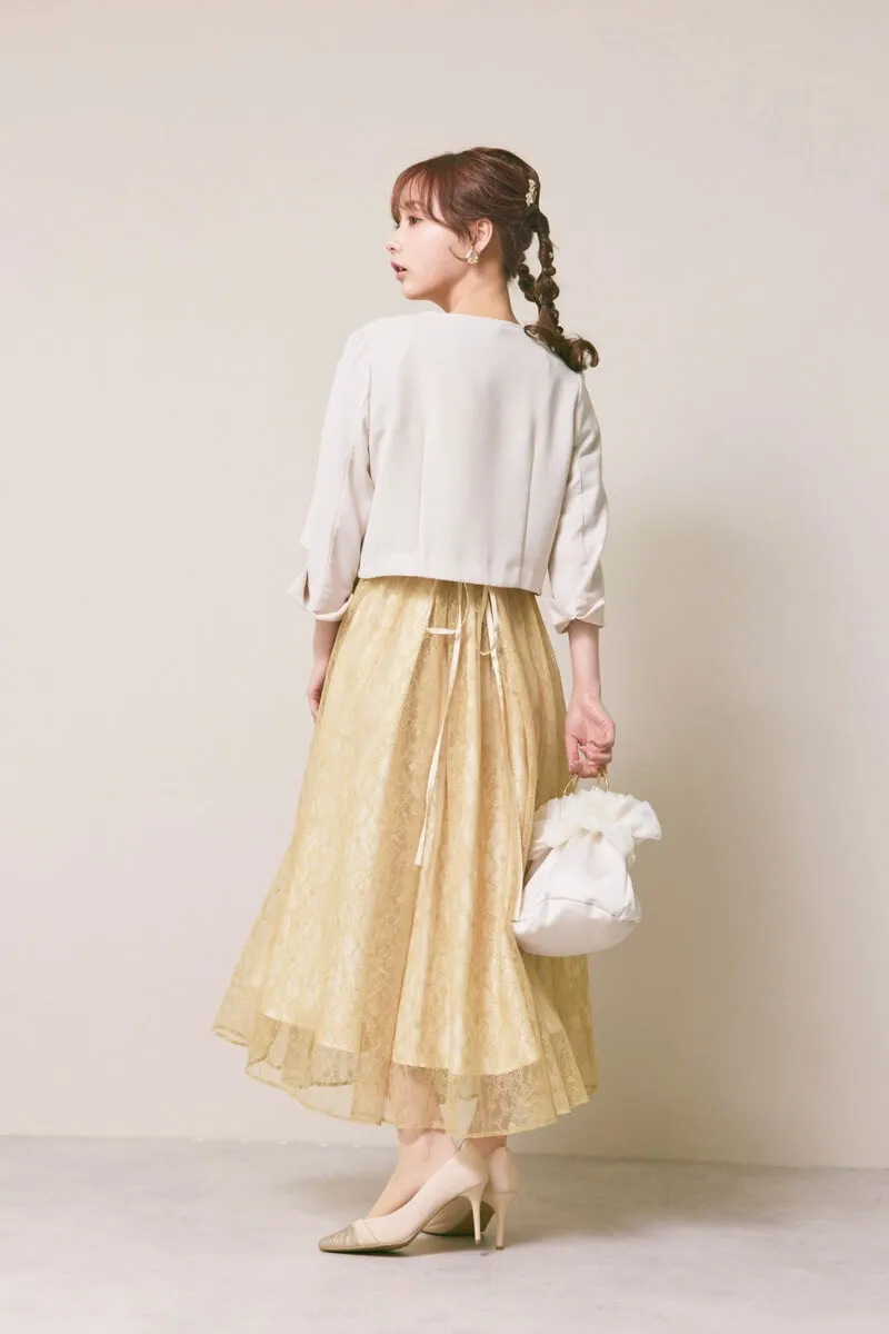 イエローのギャザースリーブレースアップドレス