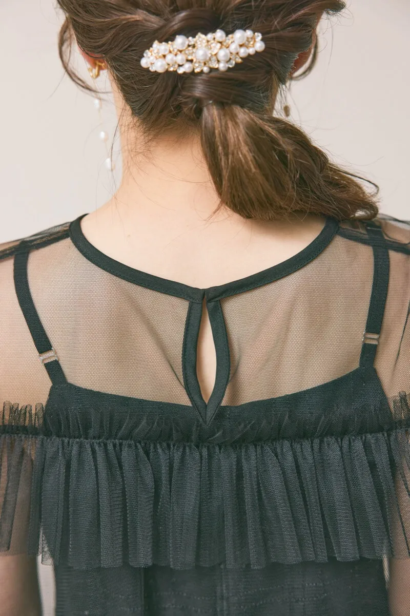 ブラックのフリルチュールチェック柄ドレス