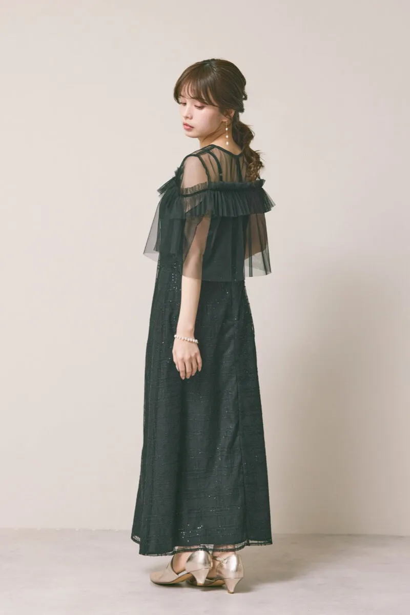 ブラックのフリルチュールチェック柄ドレス