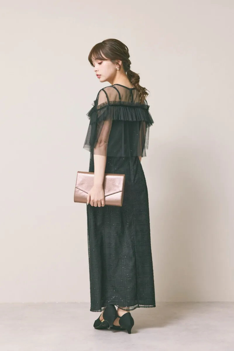 ブラックのフリルチュールチェック柄ドレス