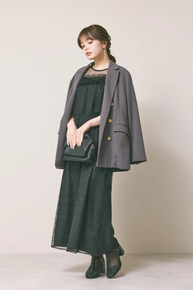 ブラックのフリルチュールチェック柄ドレス