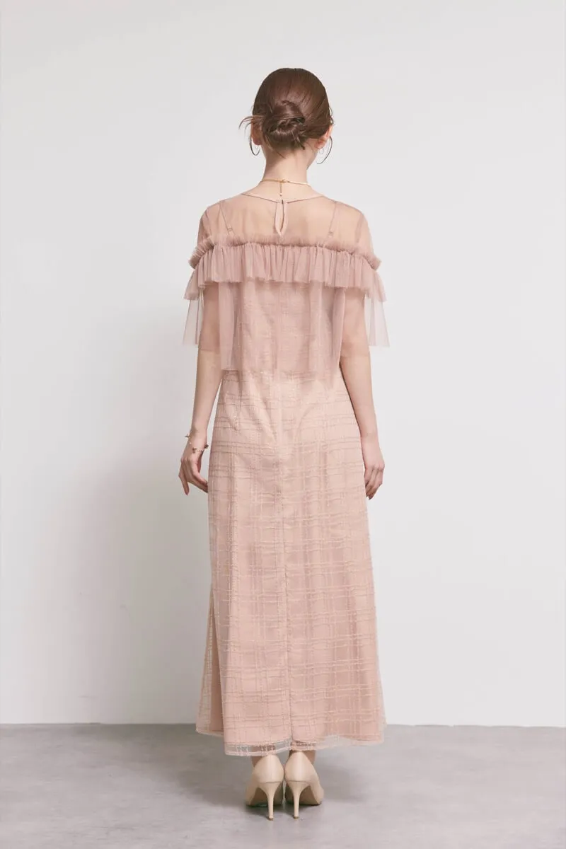 サーモンピンクのフリルチュールチェック柄ドレス