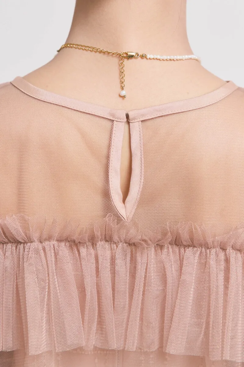 サーモンピンクのフリルチュールチェック柄ドレス