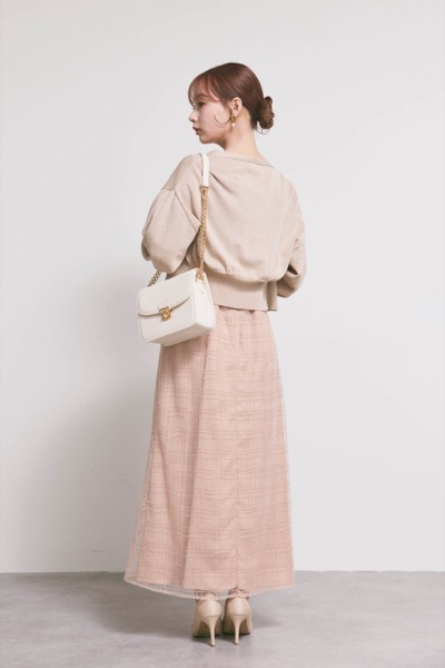 サーモンピンクのフリルチュールチェック柄ドレス