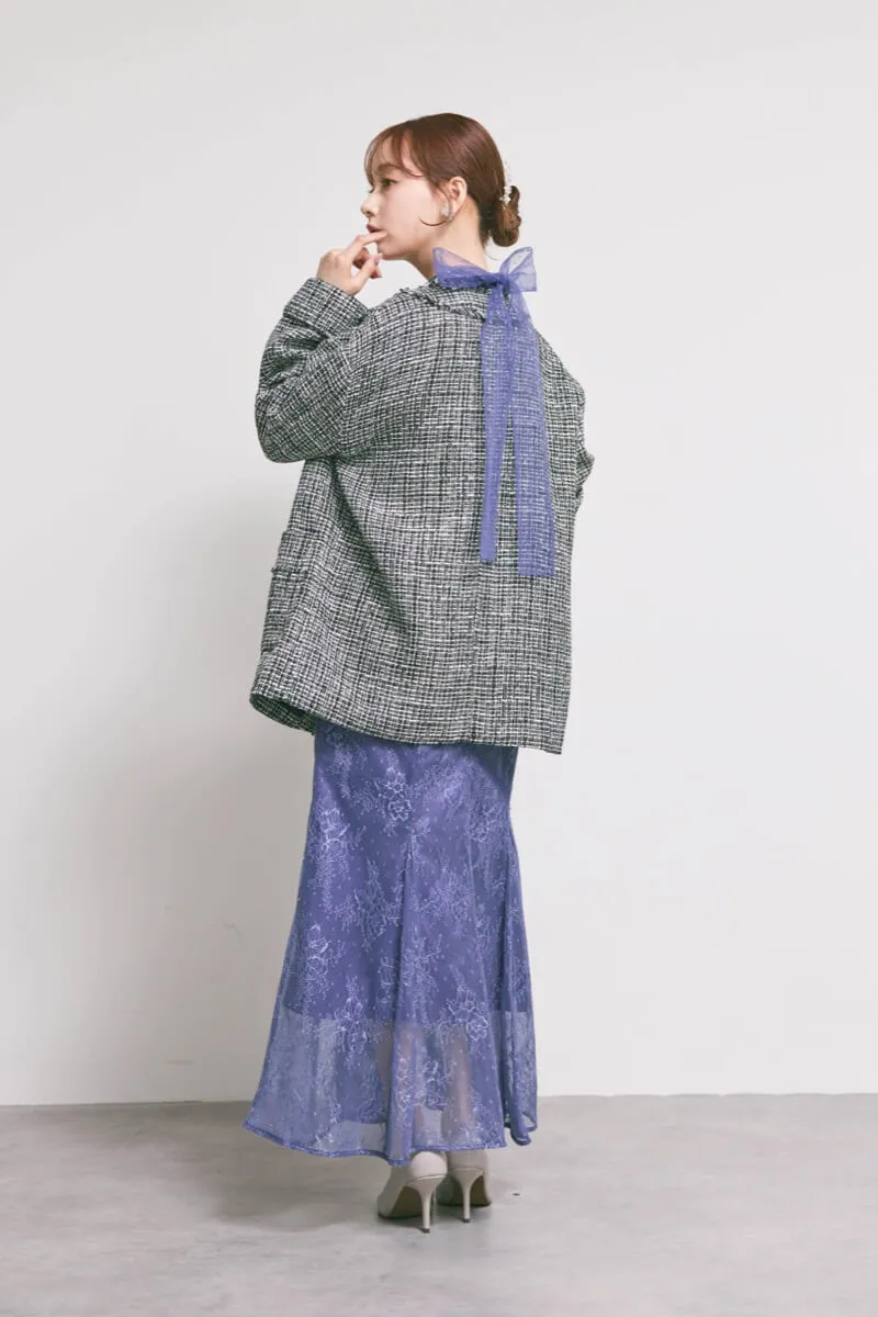 ダークブルーのシアーショルダーレースドレス