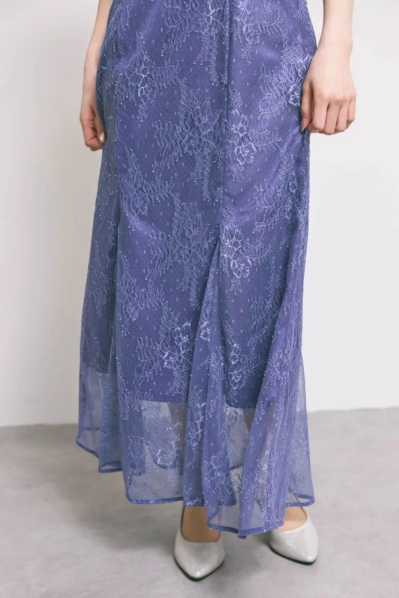 ダークブルーのシアーショルダーレースドレス