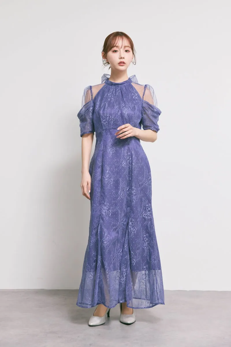 ダークブルーのシアーショルダーレースドレス