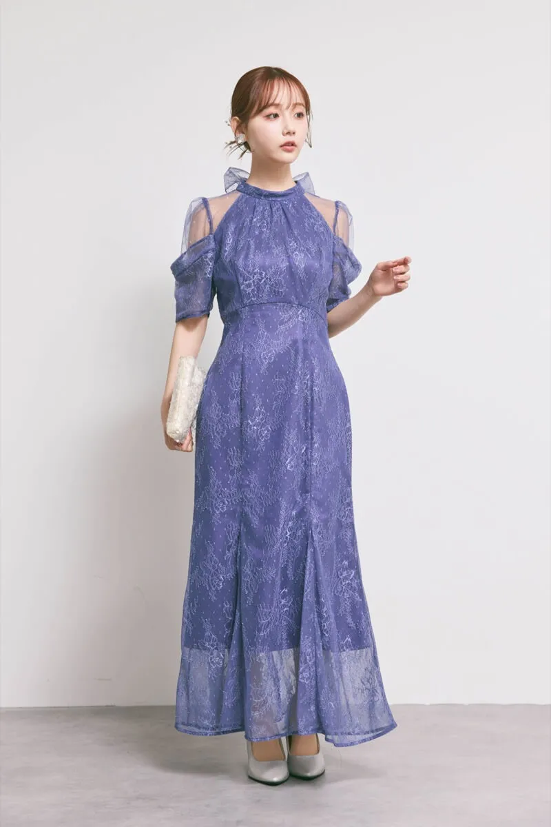 ダークブルーのシアーショルダーレースドレス