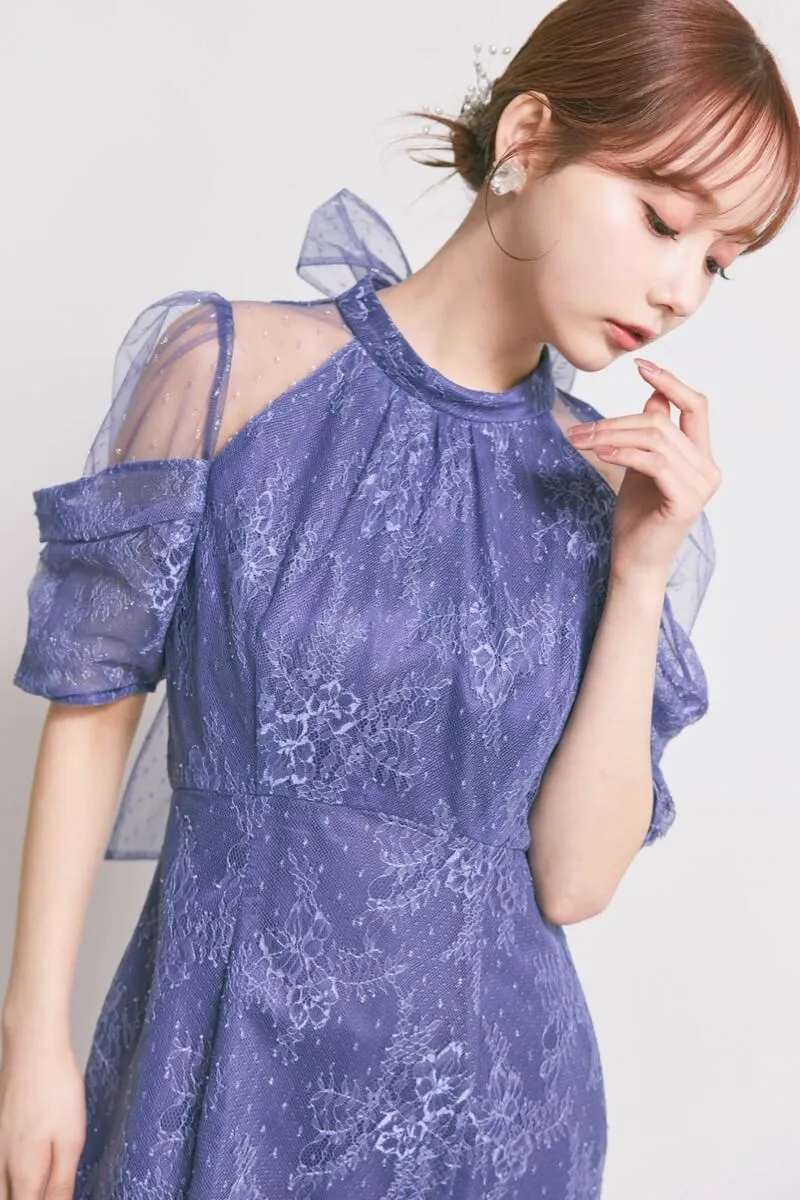 ダークブルーのシアーショルダーレースドレス