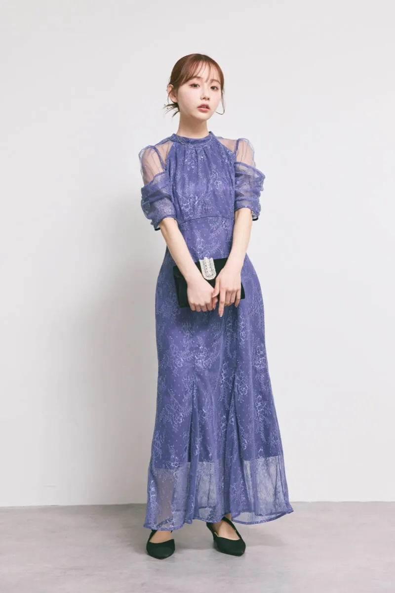 ダークブルーのシアーショルダーレースドレス