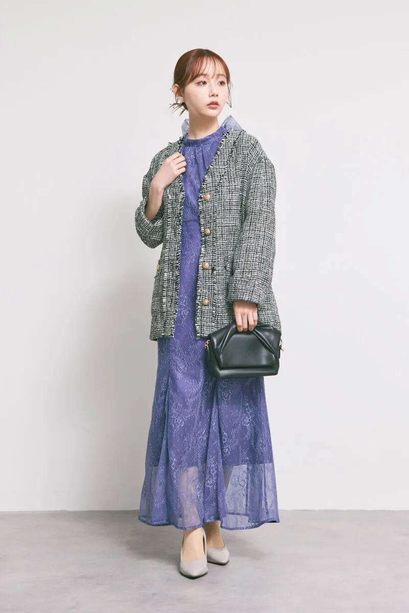 ダークブルーのシアーショルダーレースドレス