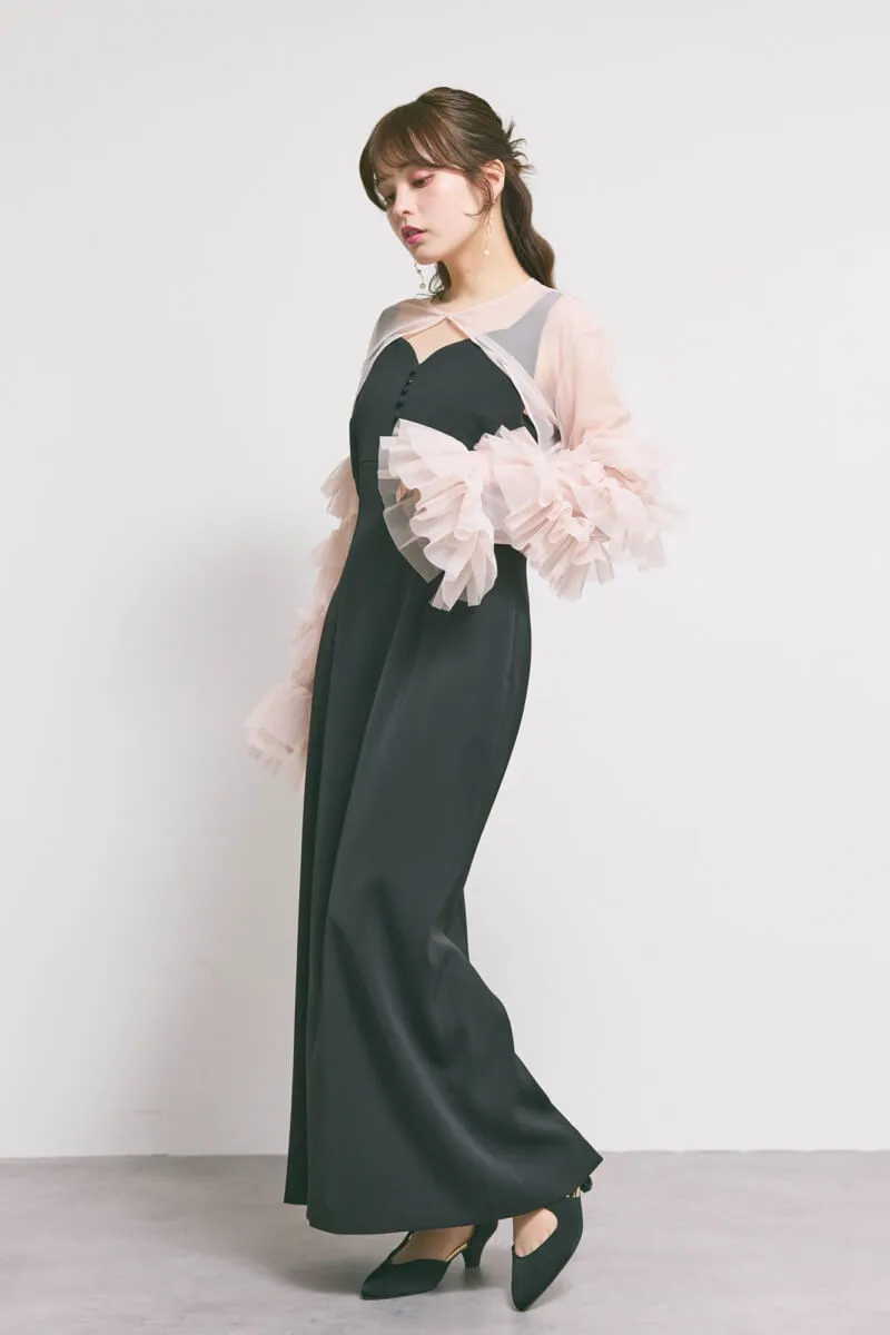 ブラック×ピンクのラッフルスリーブボレロセットドレス