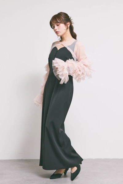 ブラック×ピンクのラッフルスリーブボレロセットドレス