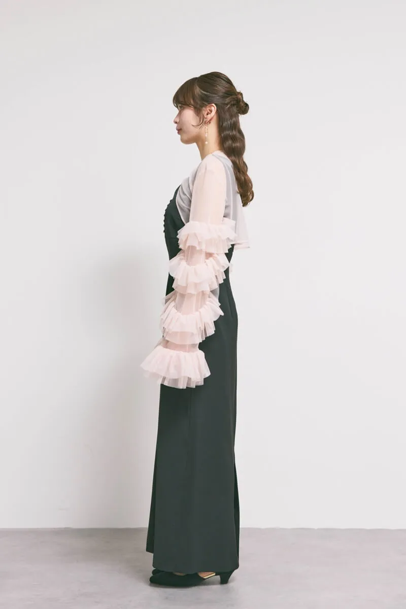 ブラック×ピンクのラッフルスリーブボレロセットドレス