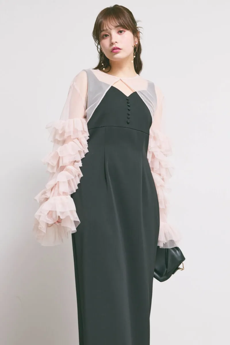 ブラック×ピンクのラッフルスリーブボレロセットドレス