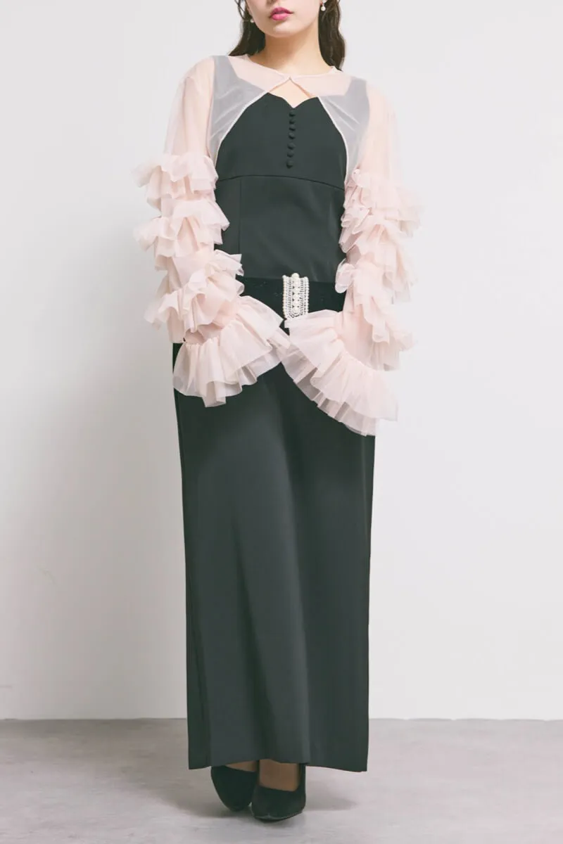 ブラック×ピンクのラッフルスリーブボレロセットドレス