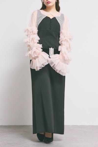 ブラック×ピンクのラッフルスリーブボレロセットドレス