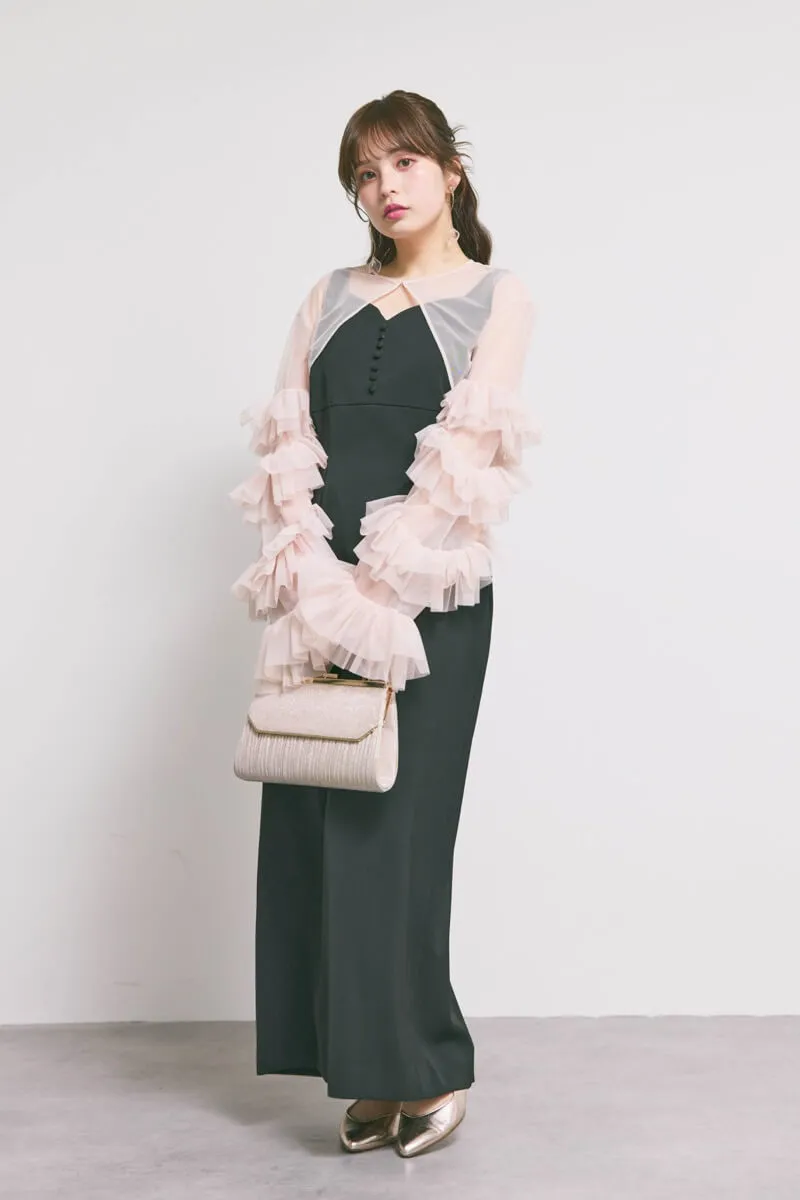 ブラック×ピンクのラッフルスリーブボレロセットドレス