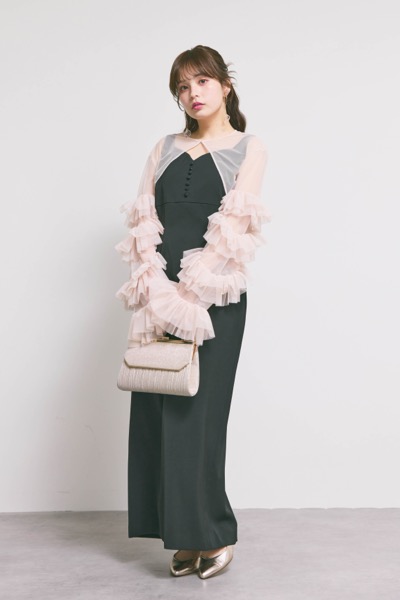 ブラック×ピンクのラッフルスリーブボレロセットドレス