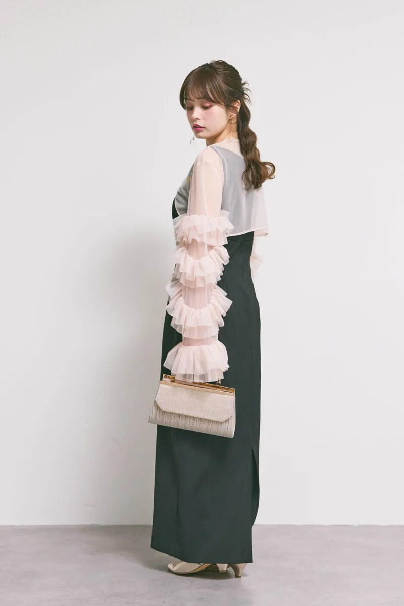 ブラック×ピンクのラッフルスリーブボレロセットドレス