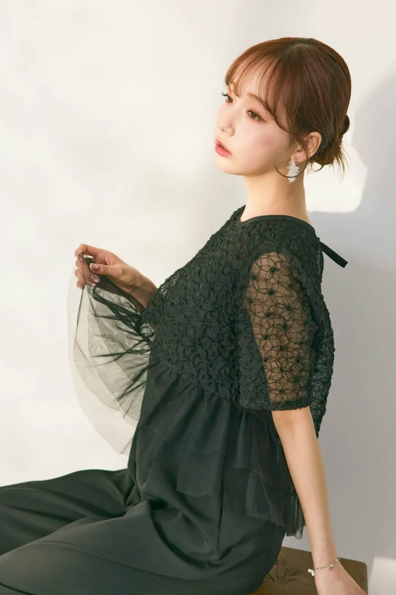 ブラックのティアードチュールオールインワンドレス