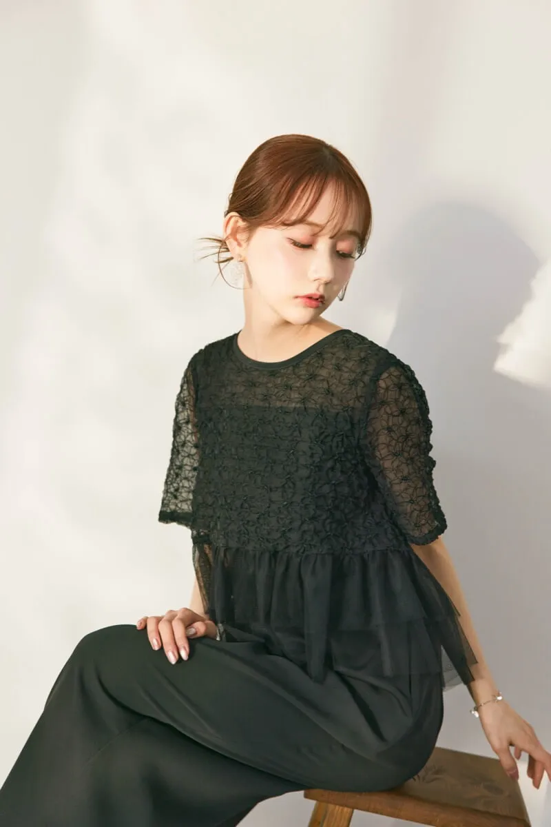 ブラックのティアードチュールオールインワンドレス