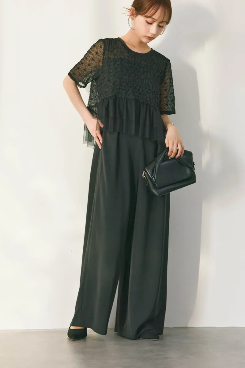 ブラックのティアードチュールオールインワンドレス