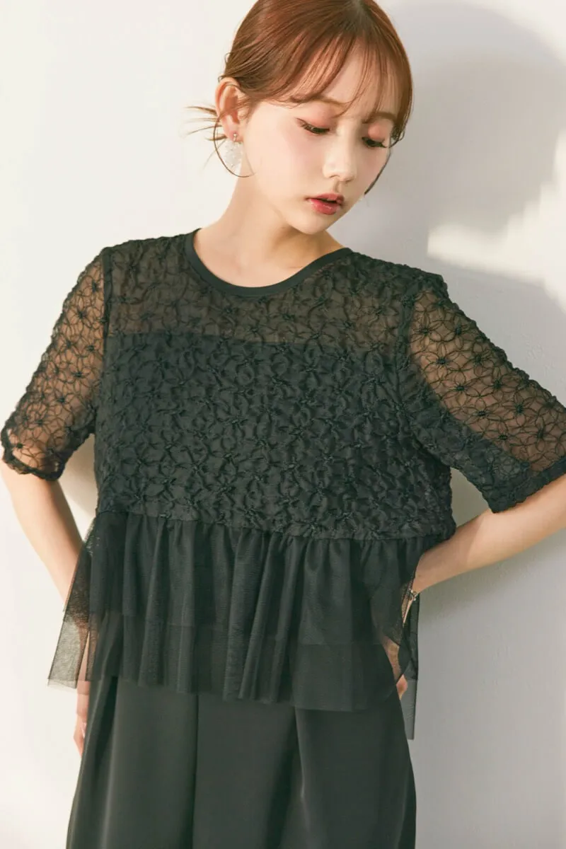 ブラックのティアードチュールオールインワンドレス