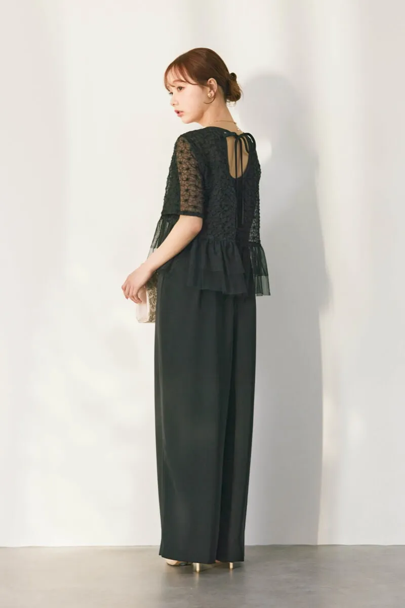 ブラックのティアードチュールオールインワンドレス