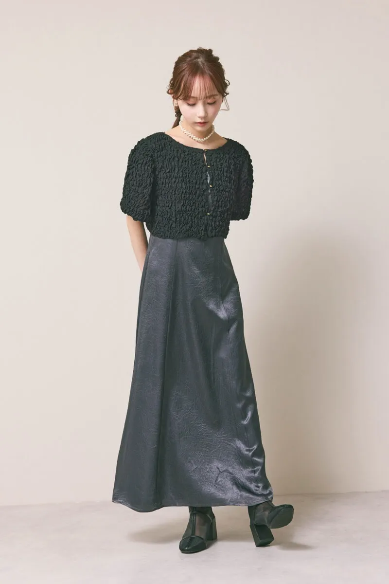 ブラック×チャコールのシャーリングブラウスセットドレス