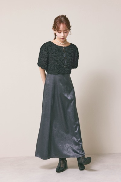 ブラック×チャコールのシャーリングブラウスセットドレス