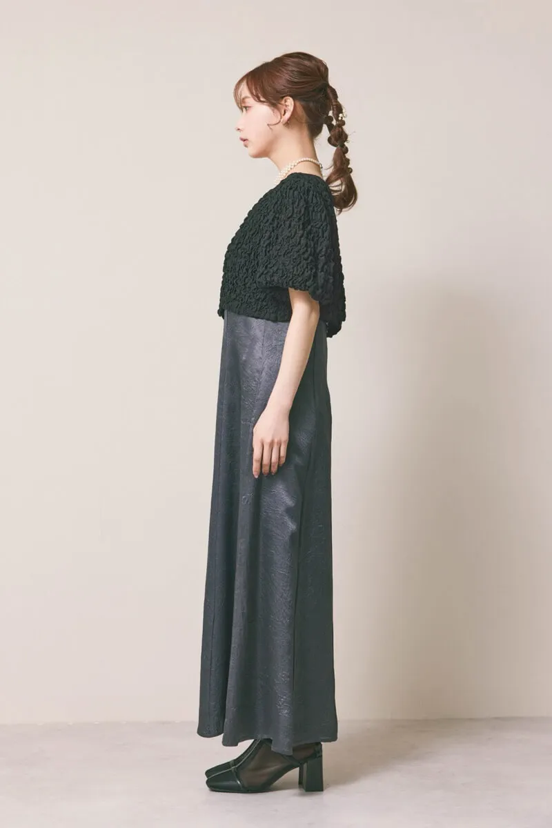 ブラック×チャコールのシャーリングブラウスセットドレス