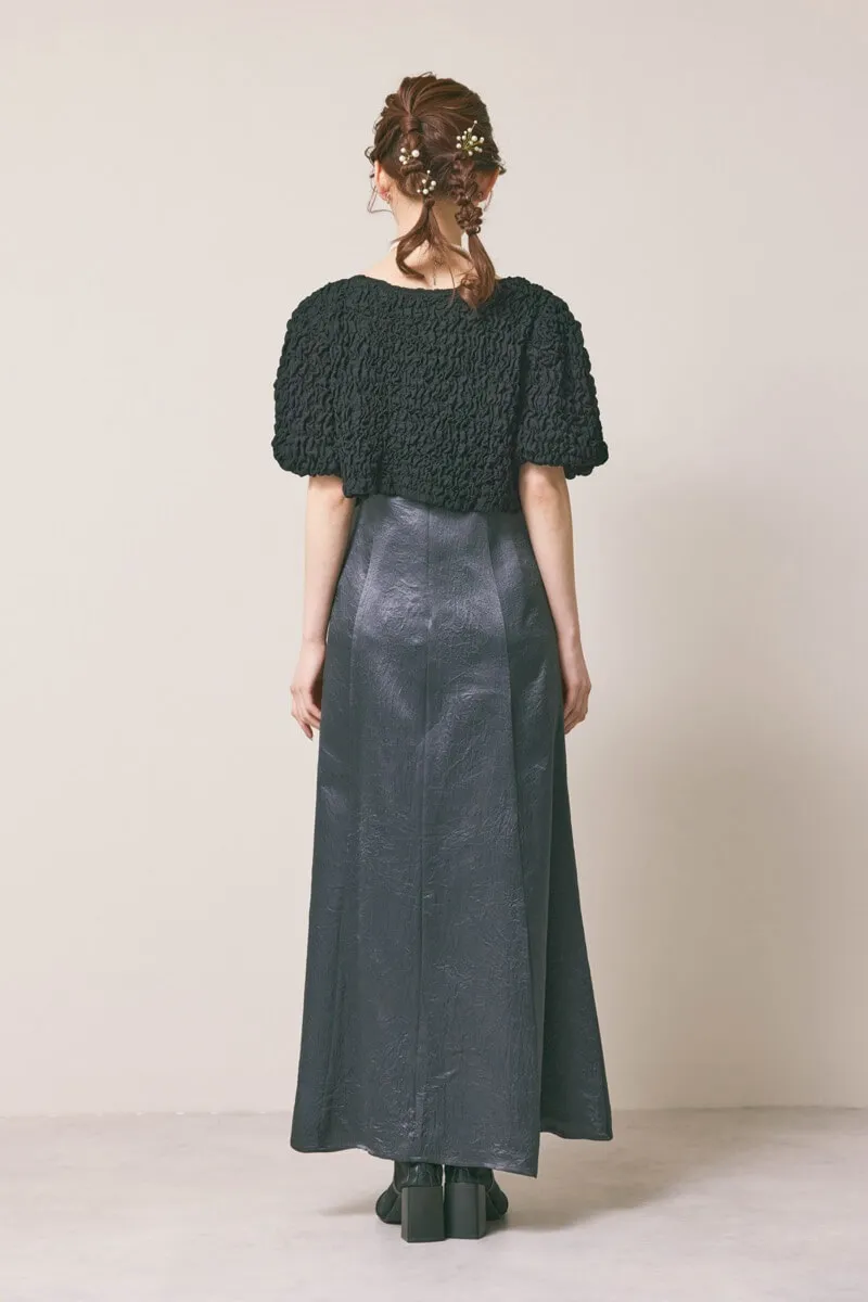 ブラック×チャコールのシャーリングブラウスセットドレス