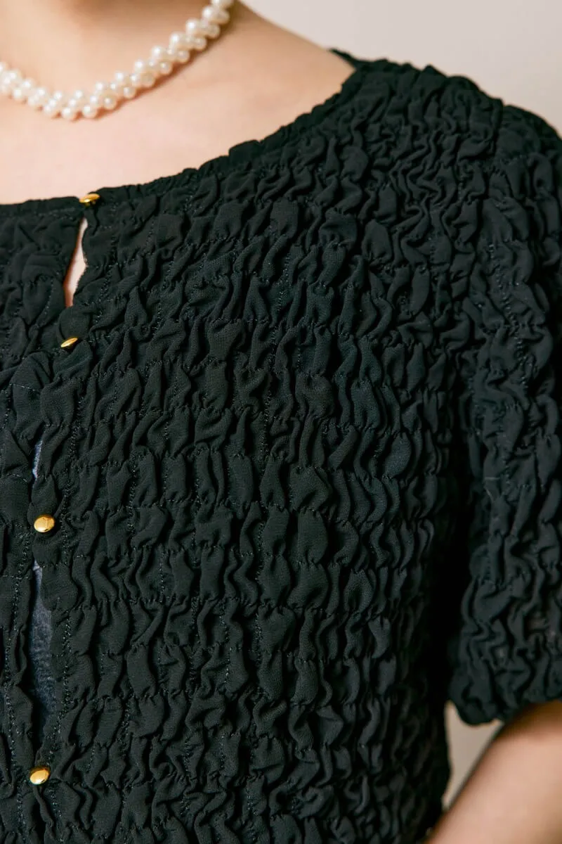 ブラック×チャコールのシャーリングブラウスセットドレス