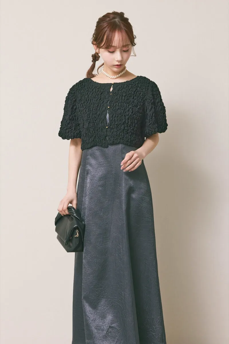 ブラック×チャコールのシャーリングブラウスセットドレス