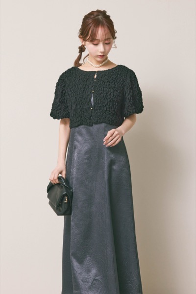 ブラック×チャコールのシャーリングブラウスセットドレス