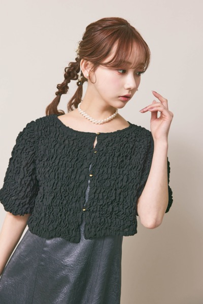 ブラック×チャコールのシャーリングブラウスセットドレス