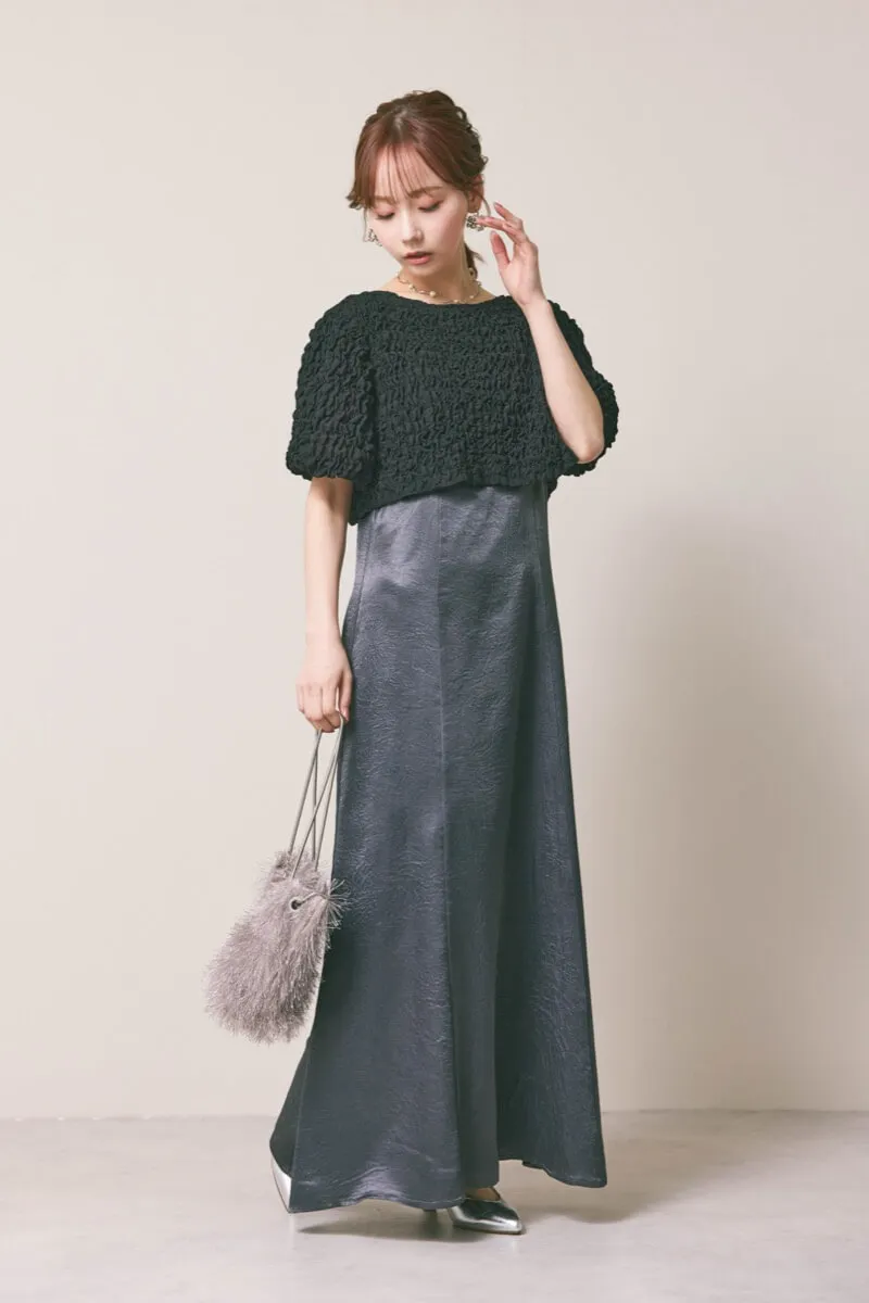 ブラック×チャコールのシャーリングブラウスセットドレス