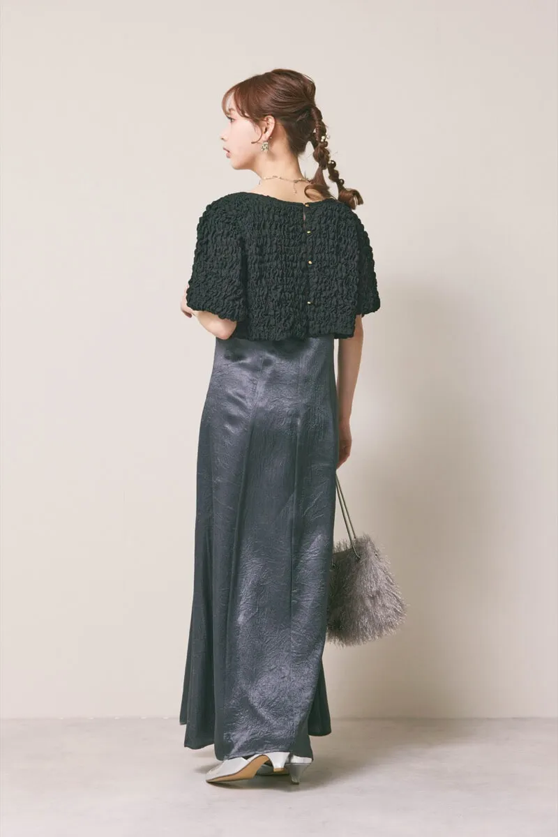 ブラック×チャコールのシャーリングブラウスセットドレス