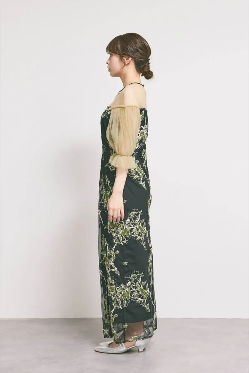 ブラックのフラワーリリーフIラインドレス