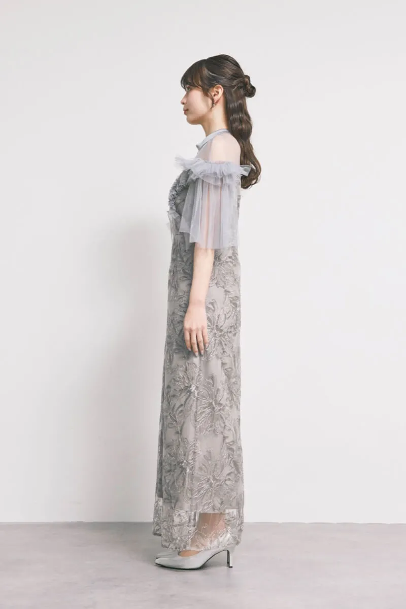 グレーのフリルショルダーIラインドレス