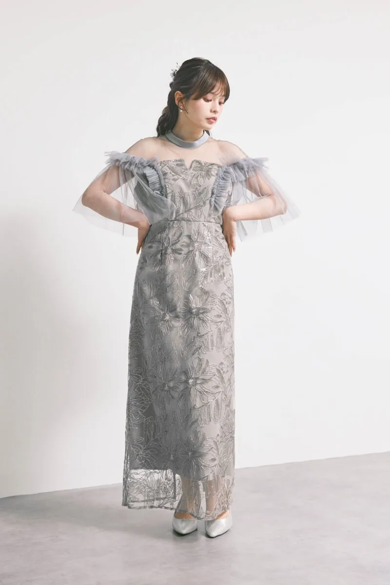 グレーのフリルショルダーIラインドレス
