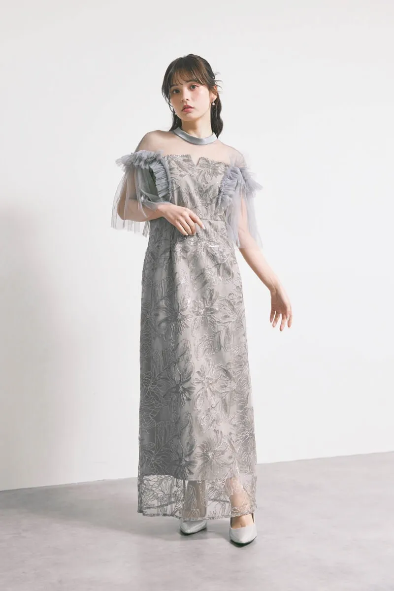 グレーのフリルショルダーIラインドレス