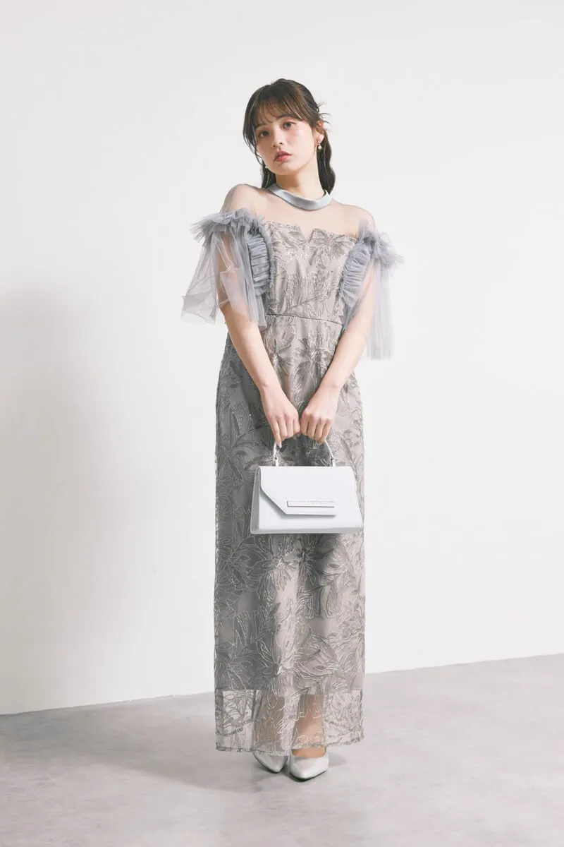 グレーのフリルショルダーIラインドレス